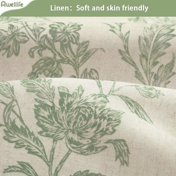 Beige Linen Shower Curtain,Sage Green Cotton Floral Cottagecore Spring Shower Cu - Picture 2 of 6